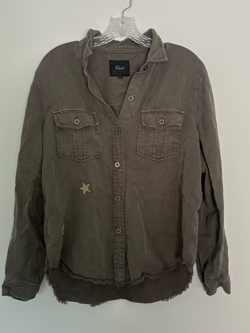 Rails Olive Gold Star Embroidered Button Shirt Linen Tencel Fray Hem Size Medium